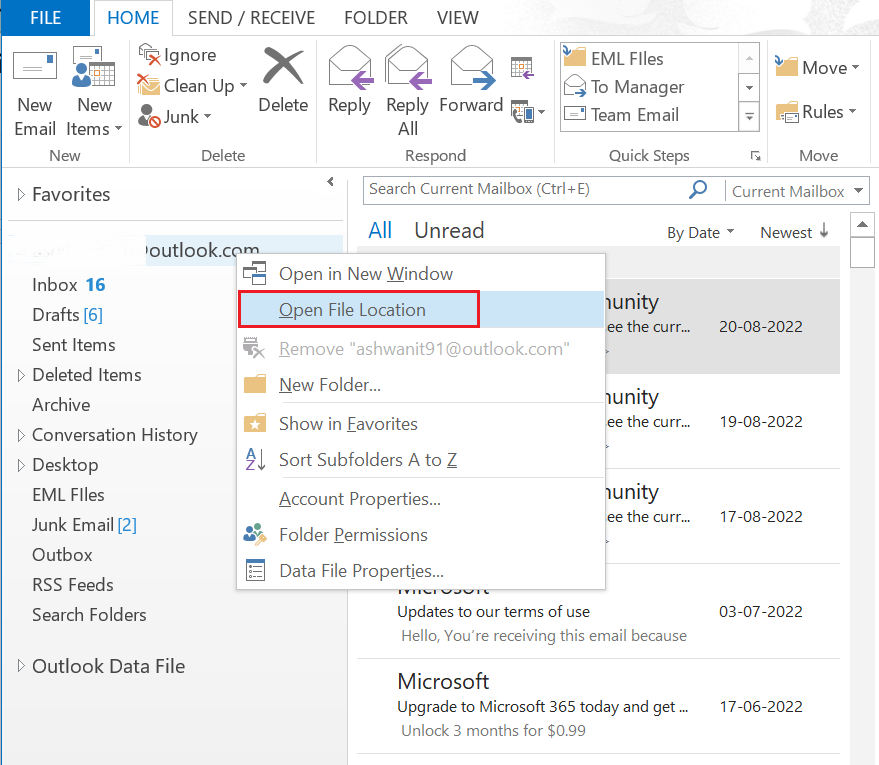 Outlook Data File (PST) Location in Windows 11, 10, 8 OS Versions