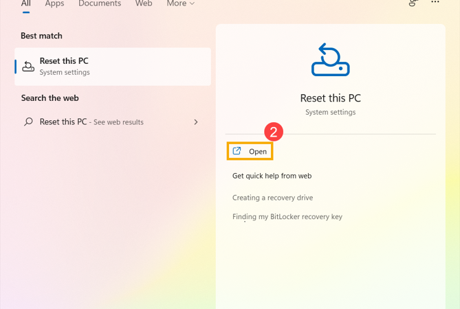Search Reset PC option